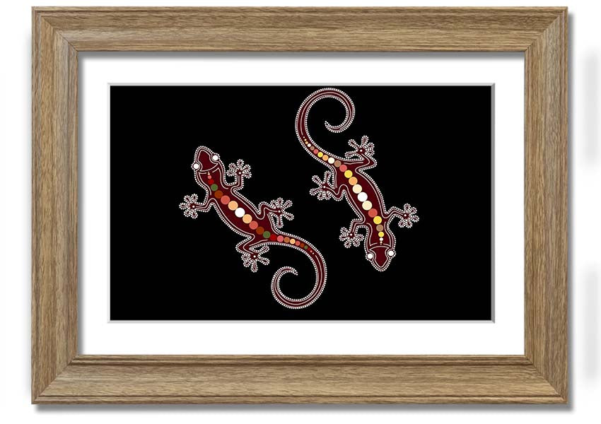 Framed Aboriginal Lizard 4 print showcasing intricate designs and vibrant colors, ready to hang.