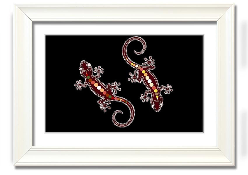 Framed Aboriginal Lizard 4 print showcasing intricate designs and vibrant colors, ready to hang.