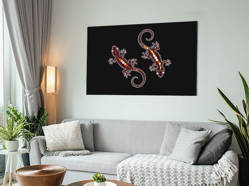 Aboriginal Lizard 4 artwork printed on brushed aluminium dibond, showcasing vibrant colors and intricate details.