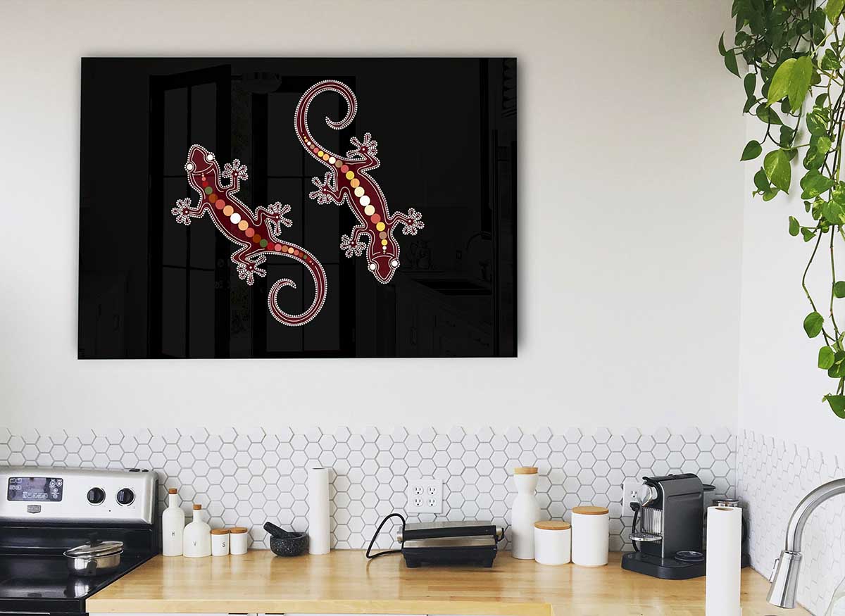 Aboriginal Lizard 4 glass print featuring vibrant colors and intricate designs, perfect for modern home decor.