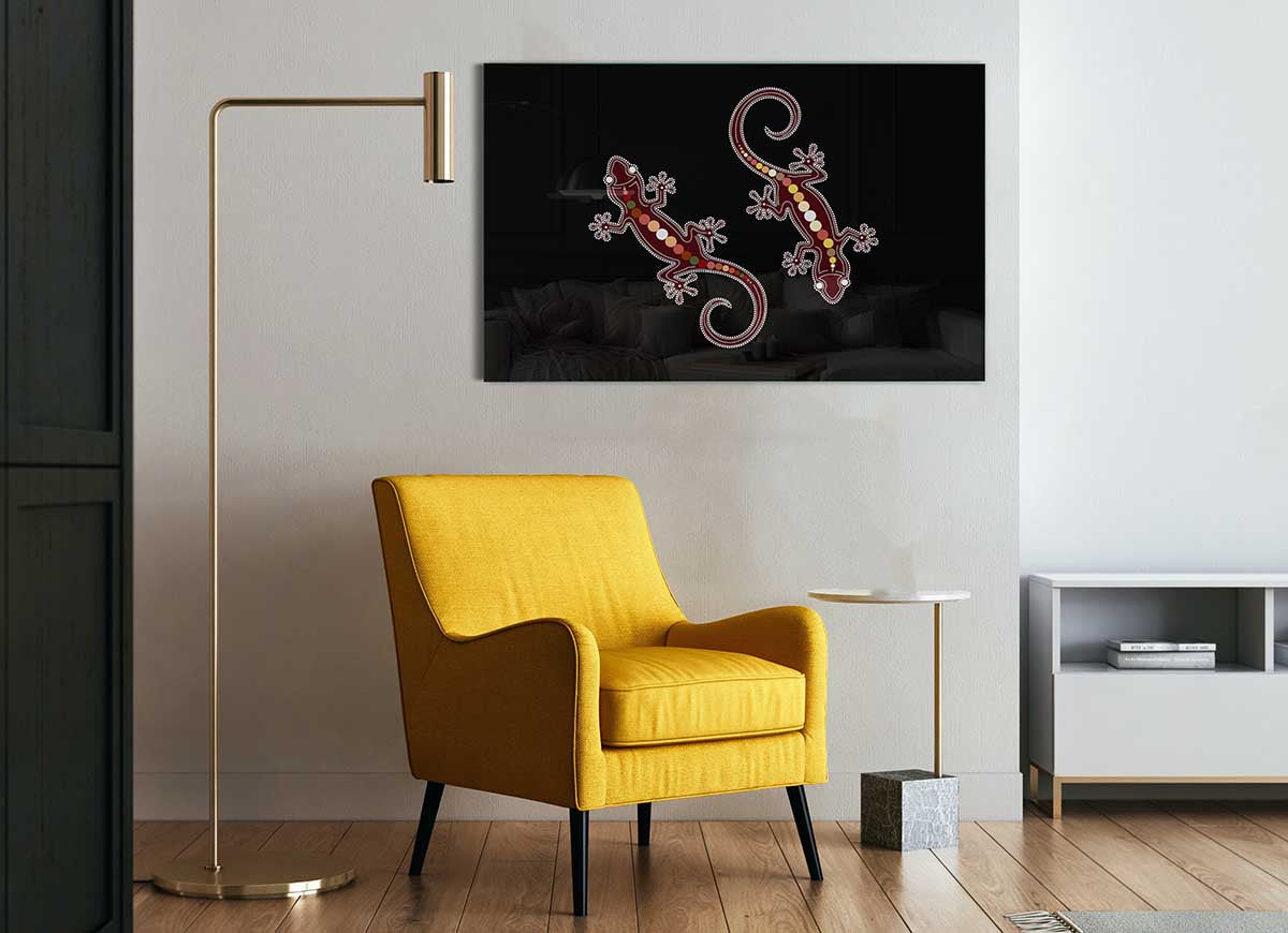 Aboriginal Lizard 4 glass print featuring vibrant colors and intricate designs, perfect for modern home decor.