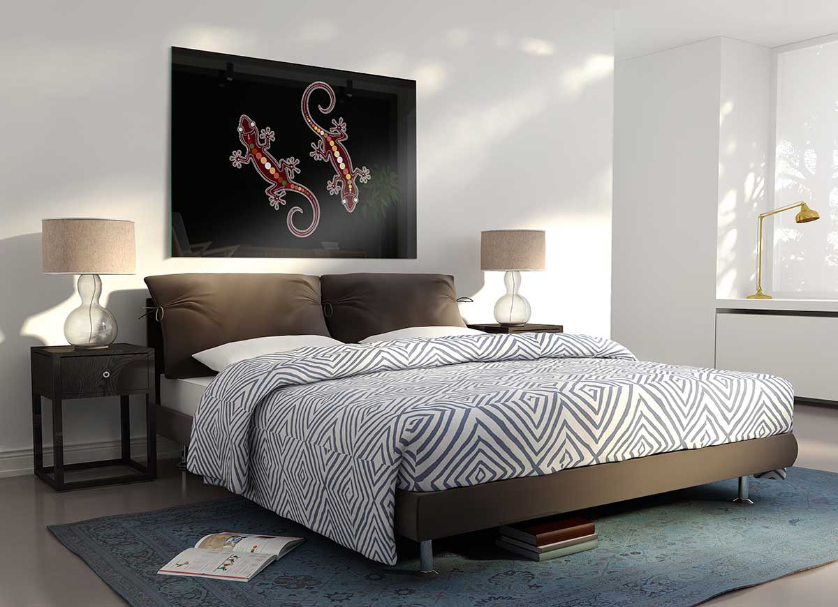 Aboriginal Lizard 4 glass print featuring vibrant colors and intricate designs, perfect for modern home decor.