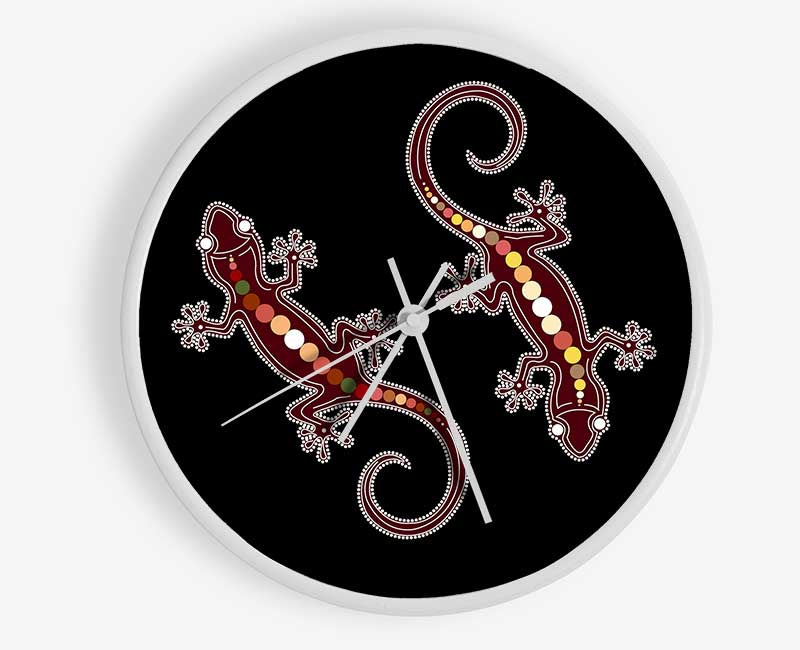 Aboriginal Lizard 4 clock made from natural bamboo with a round face and clear Plexiglas lens, available in black, white, and natural frame colors.