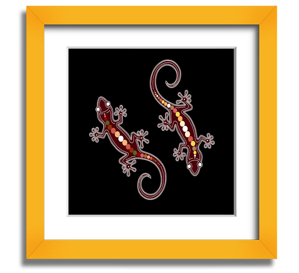 Aboriginal Lizard 4 Square Framed Print showcasing vibrant colors and intricate details, ready to hang.