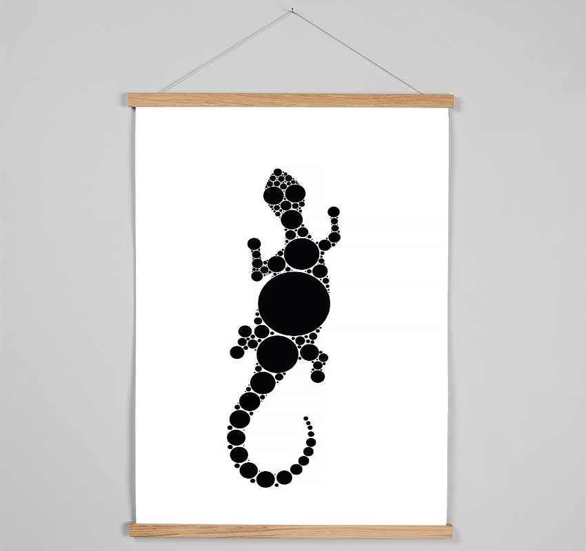 Aboriginal Lizard 5 wooden poster hanger showcasing a print with magnetic fastening and color-coordinated cords.