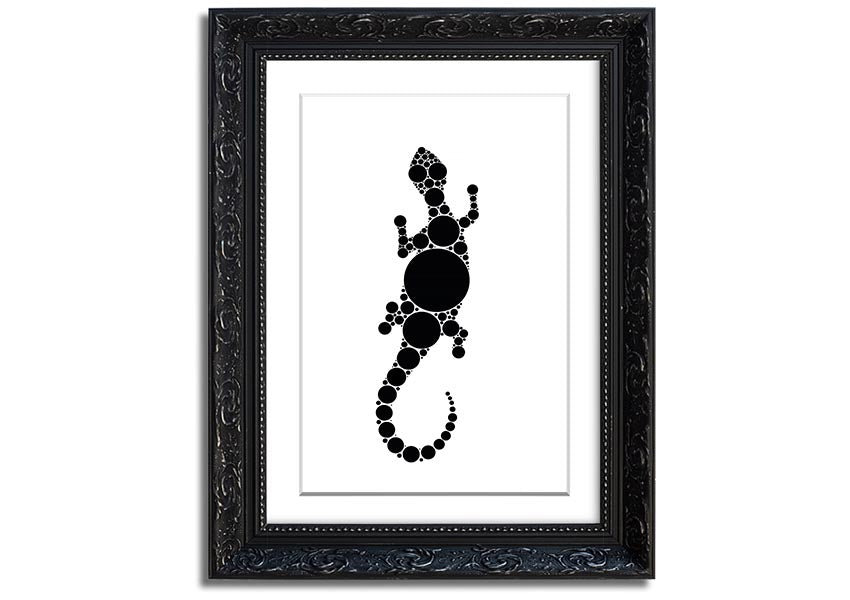 Framed Aboriginal Lizard 5 print showcasing vibrant colors and intricate designs, ready to hang.