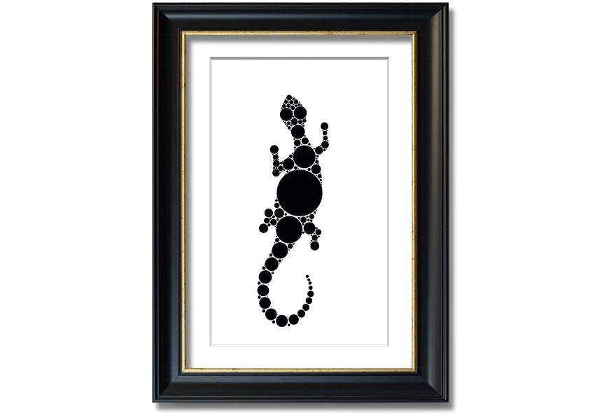 Framed Aboriginal Lizard 5 print showcasing vibrant colors and intricate designs, ready to hang.