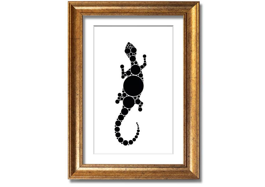 Framed Aboriginal Lizard 5 print showcasing vibrant colors and intricate designs, ready to hang.