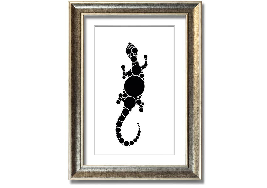 Framed Aboriginal Lizard 5 print showcasing vibrant colors and intricate designs, ready to hang.