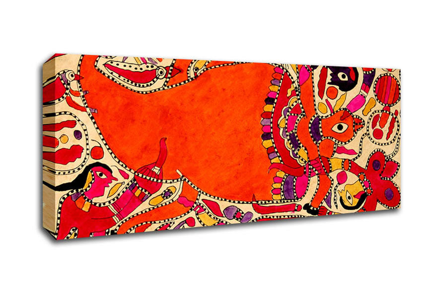 A vibrant Aboriginal Madhubani canvas art piece mounted on a sturdy 44mm box frame, showcasing intricate designs and colors.