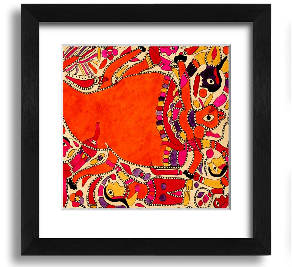 Aboriginal Madhubani Square Framed Print showcasing intricate patterns and vibrant colors, ready to hang.