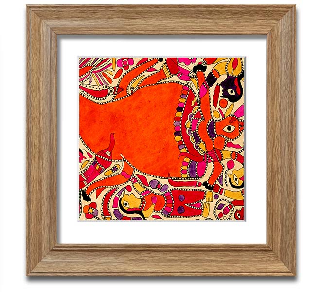 Aboriginal Madhubani Square Framed Print showcasing intricate patterns and vibrant colors, ready to hang.