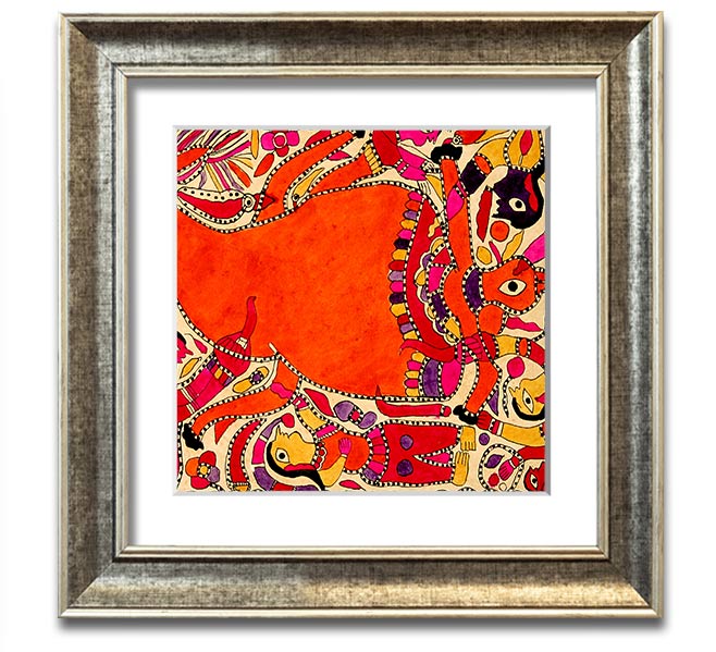 Aboriginal Madhubani Square Framed Print showcasing intricate patterns and vibrant colors, ready to hang.