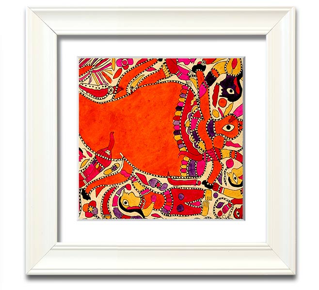 Aboriginal Madhubani Square Framed Print showcasing intricate patterns and vibrant colors, ready to hang.