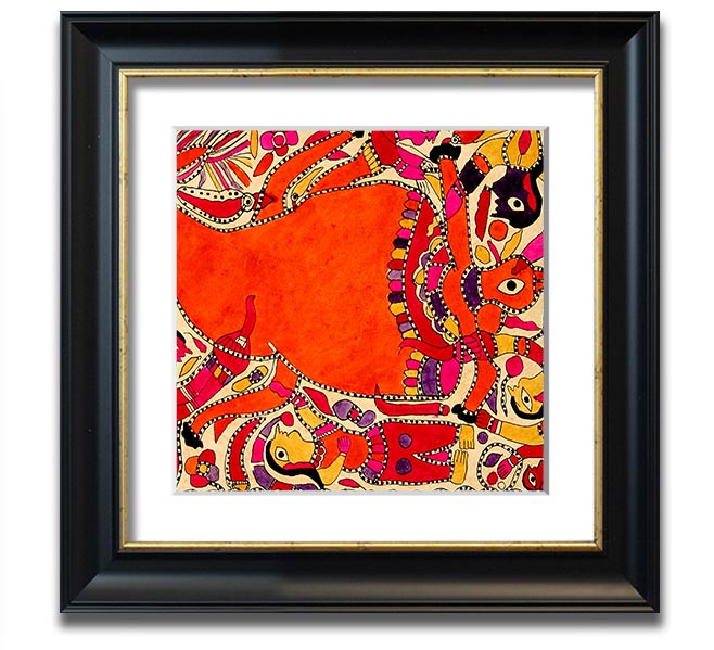 Aboriginal Madhubani Square Framed Print showcasing intricate patterns and vibrant colors, ready to hang.