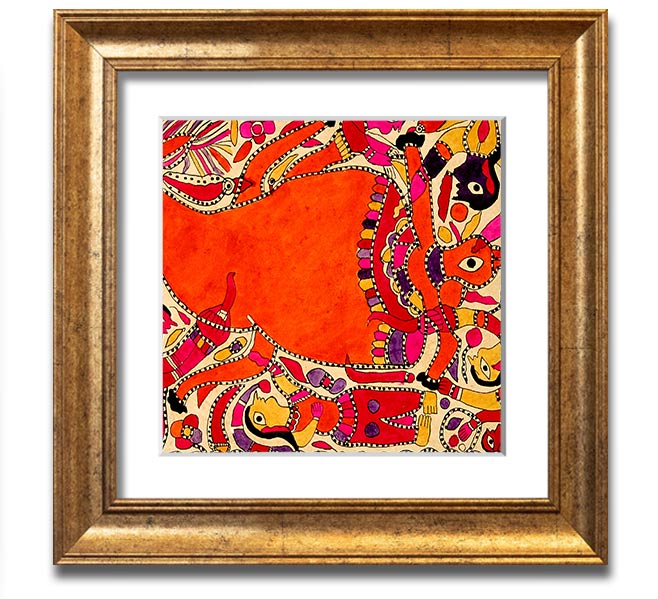 Aboriginal Madhubani Square Framed Print showcasing intricate patterns and vibrant colors, ready to hang.