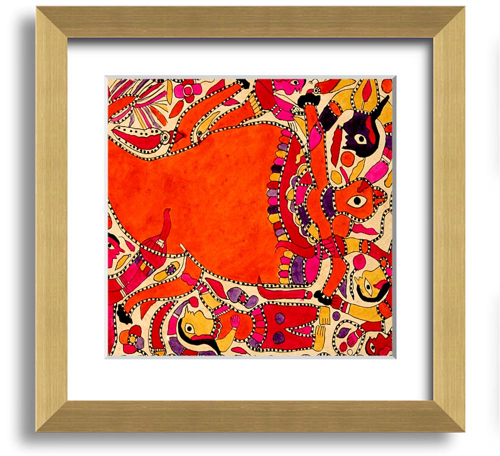 Aboriginal Madhubani Square Framed Print showcasing intricate patterns and vibrant colors, ready to hang.