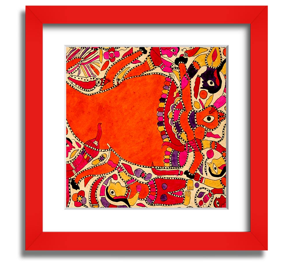 Aboriginal Madhubani Square Framed Print showcasing intricate patterns and vibrant colors, ready to hang.