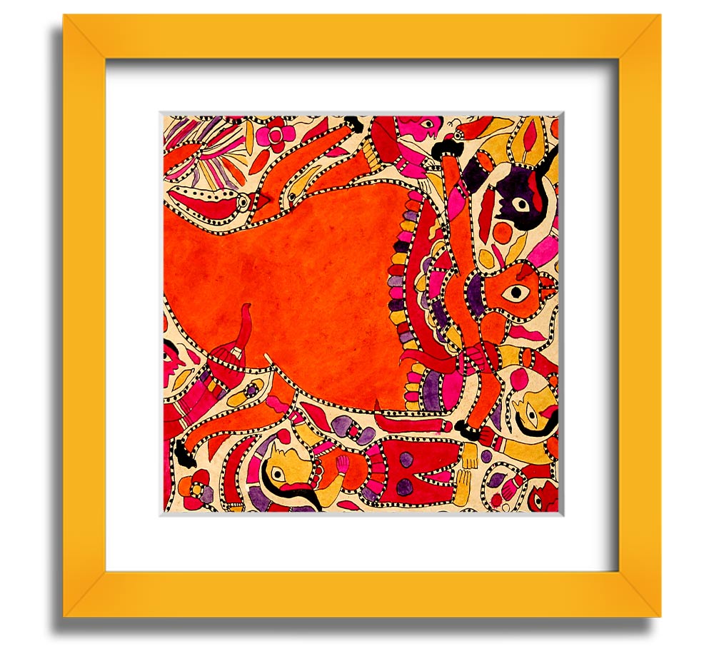 Aboriginal Madhubani Square Framed Print showcasing intricate patterns and vibrant colors, ready to hang.