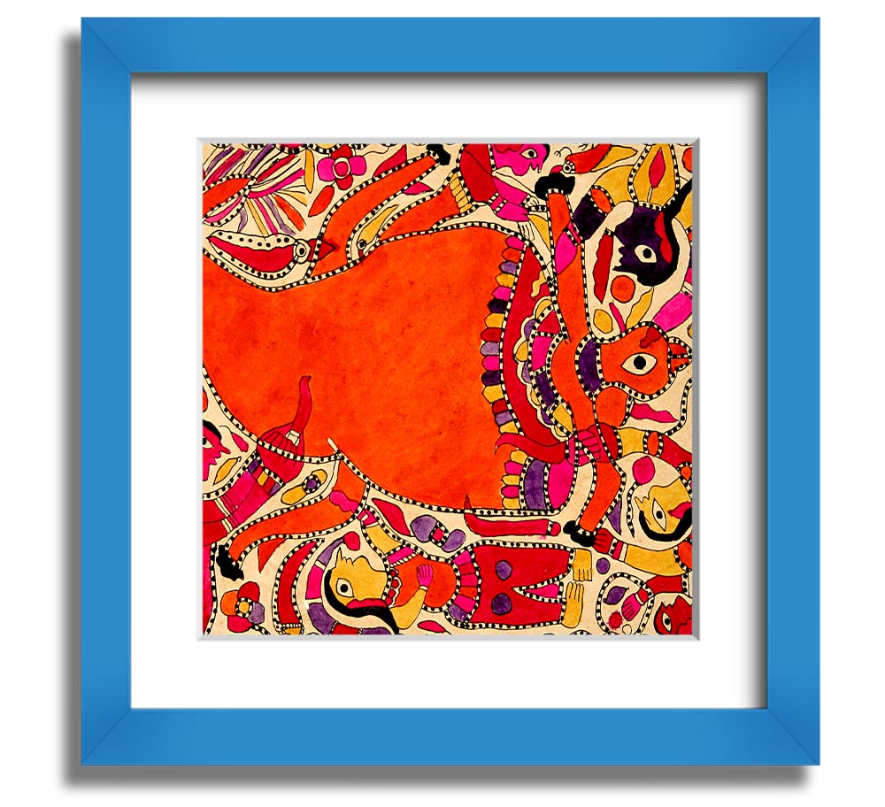 Aboriginal Madhubani Square Framed Print showcasing intricate patterns and vibrant colors, ready to hang.