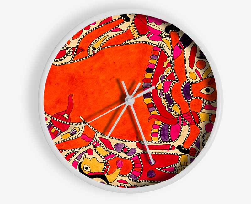 Aboriginal Madhubani clock made from natural bamboo with intricate designs, featuring a clear Plexiglas lens and available in multiple colors.