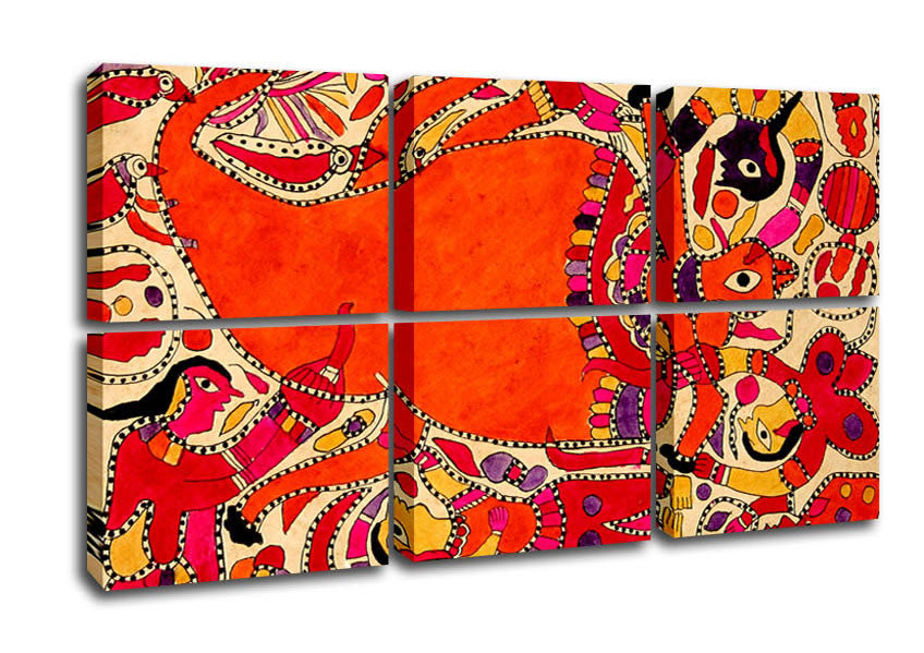 A vibrant Aboriginal Madhubani canvas art piece mounted on a sturdy box frame, showcasing intricate designs and colors.