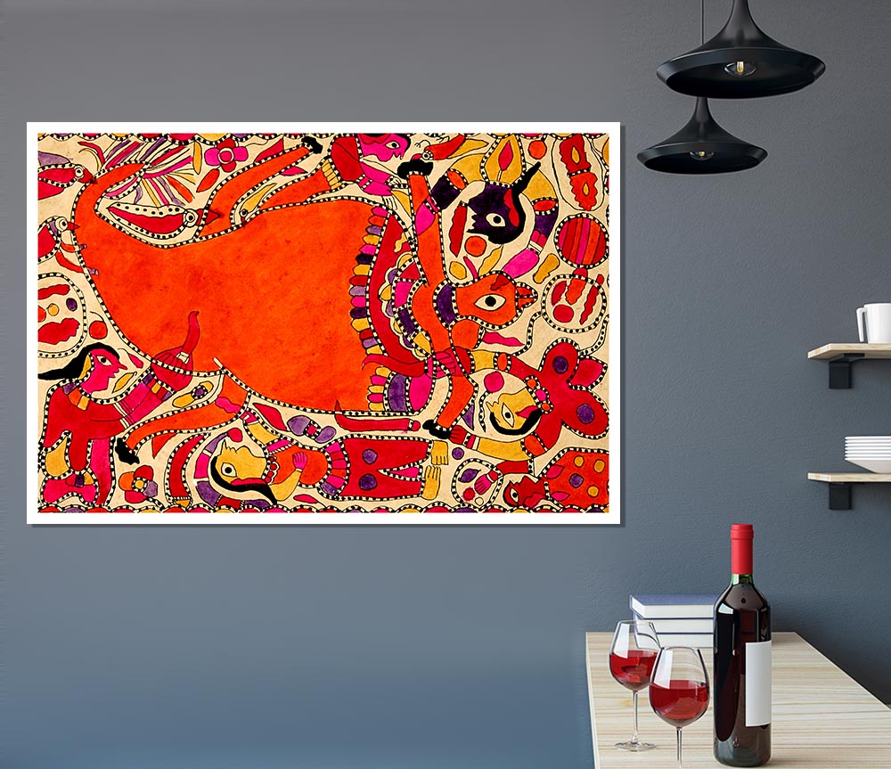 A vibrant Aboriginal Madhubani poster printed on high-quality canvas, showcasing intricate patterns and colors.