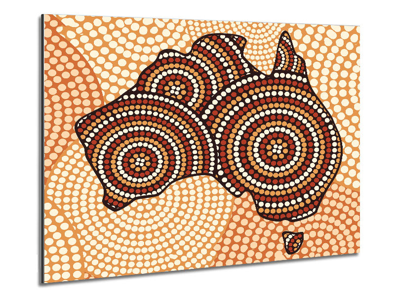 A vibrant Aboriginal Map printed on brushed aluminium dibond, showcasing intricate designs and colors.