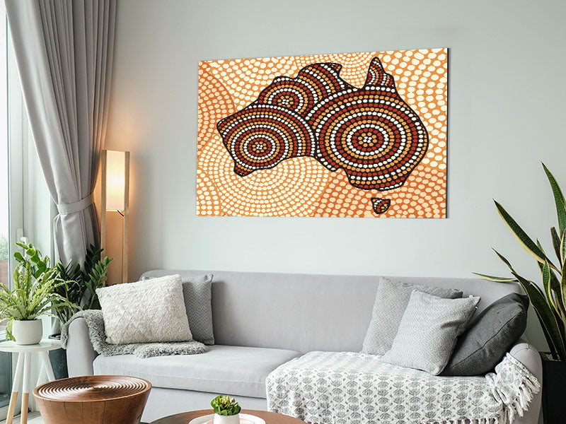 A vibrant Aboriginal Map printed on brushed aluminium dibond, showcasing intricate designs and colors.