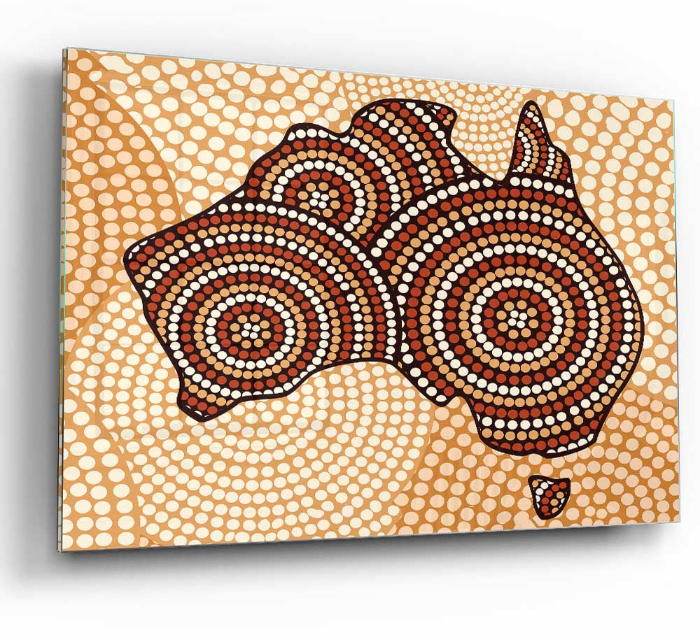 A vibrant Aboriginal Map glass print showcasing intricate designs and colors, perfect for modern home decor.