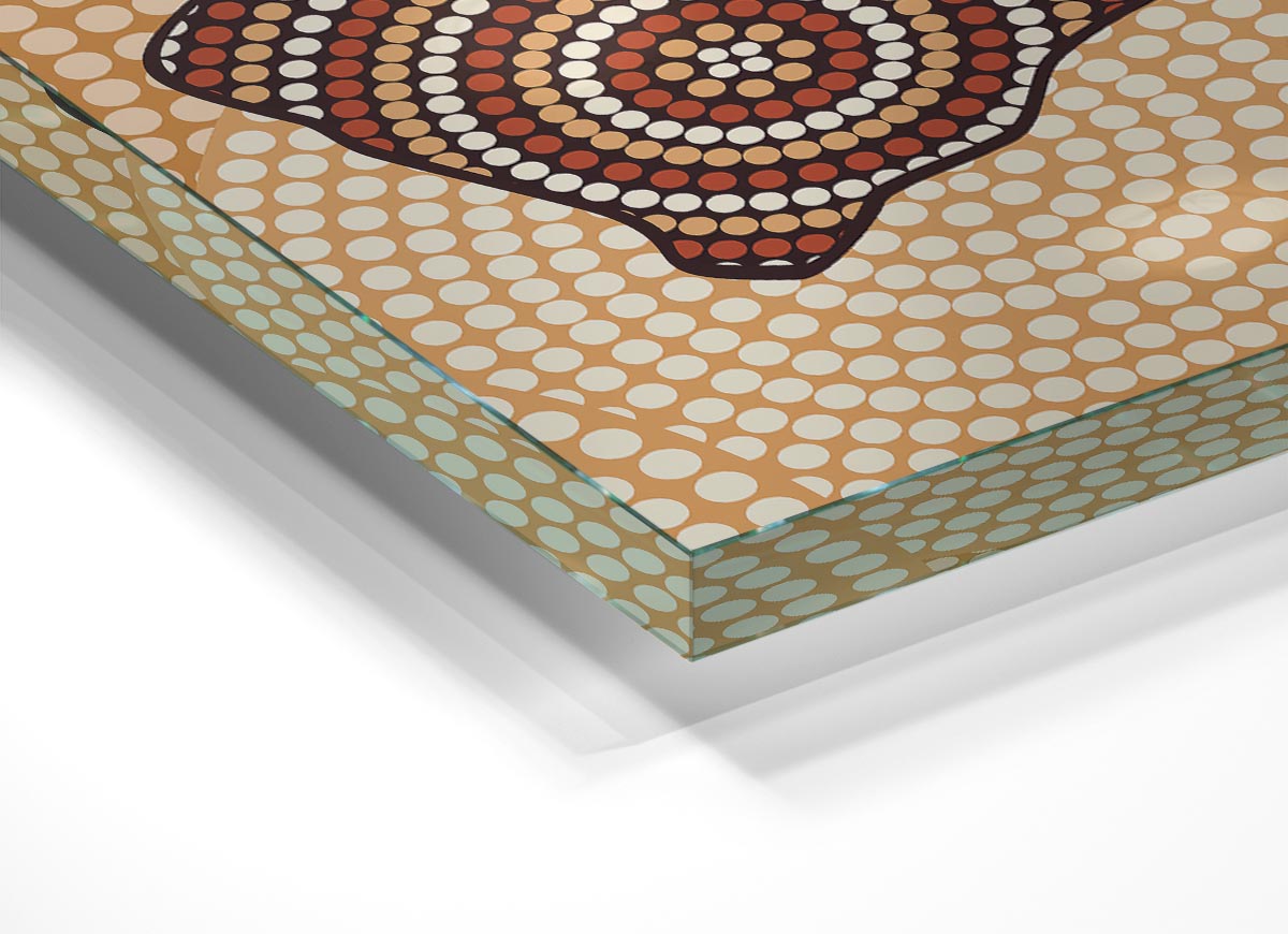 A vibrant Aboriginal Map glass print showcasing intricate designs and colors, perfect for modern home decor.