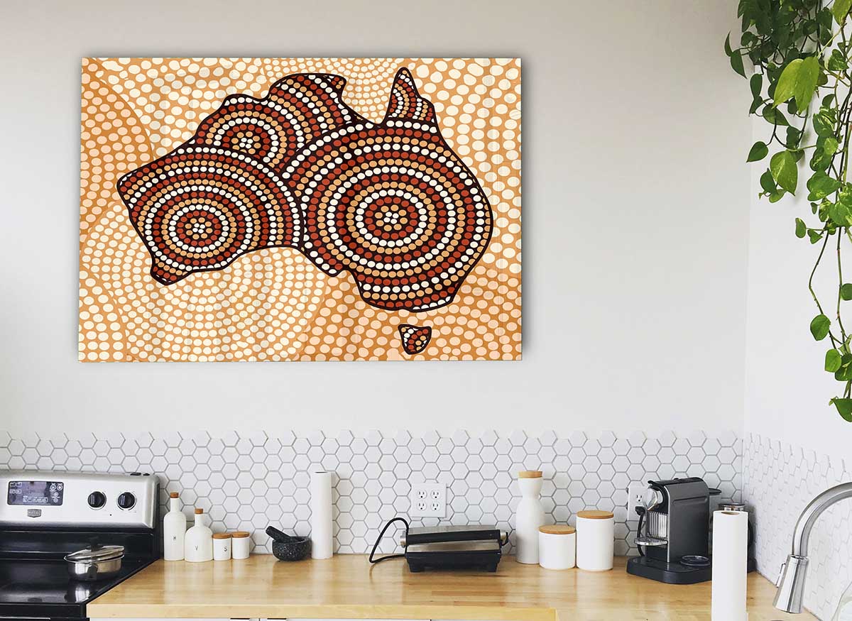 A vibrant Aboriginal Map glass print showcasing intricate designs and colors, perfect for modern home decor.