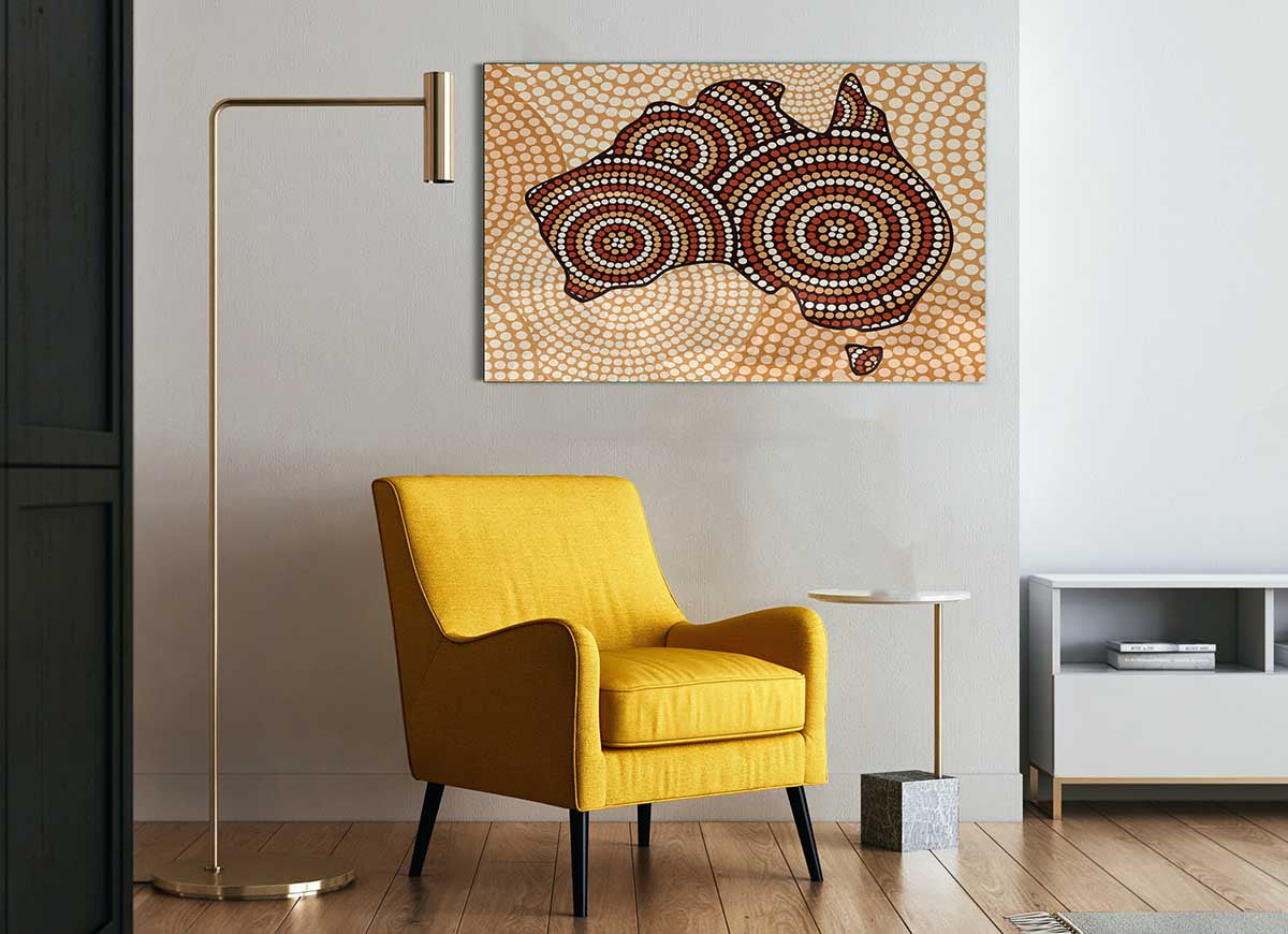 A vibrant Aboriginal Map glass print showcasing intricate designs and colors, perfect for modern home decor.