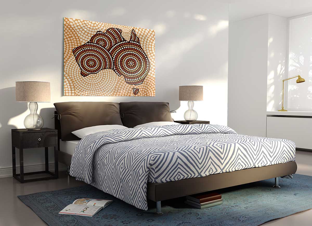 A vibrant Aboriginal Map glass print showcasing intricate designs and colors, perfect for modern home decor.