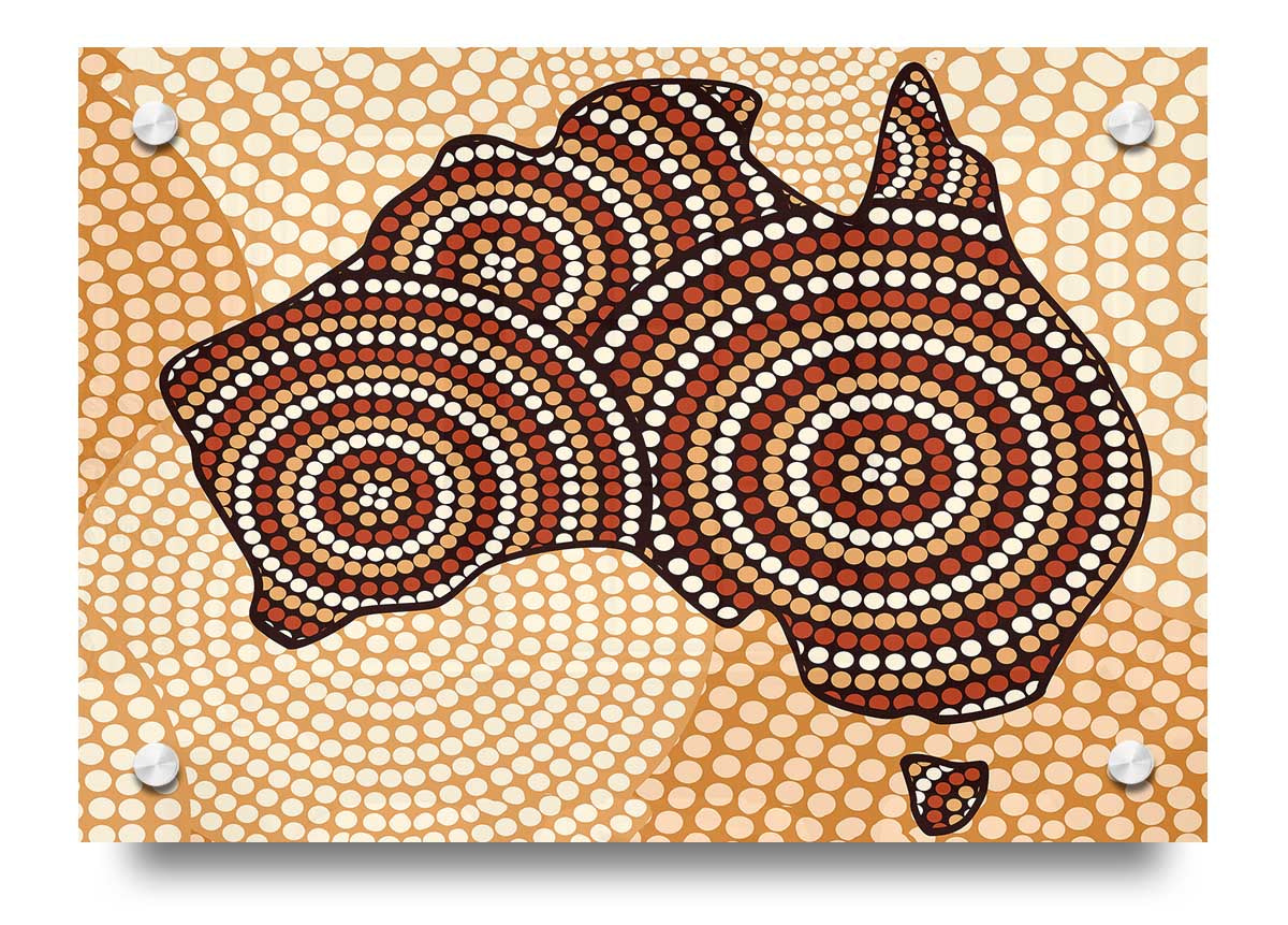 Vibrant Aboriginal Map acrylic print on 5mm thick glass, showcasing intricate designs and colors.