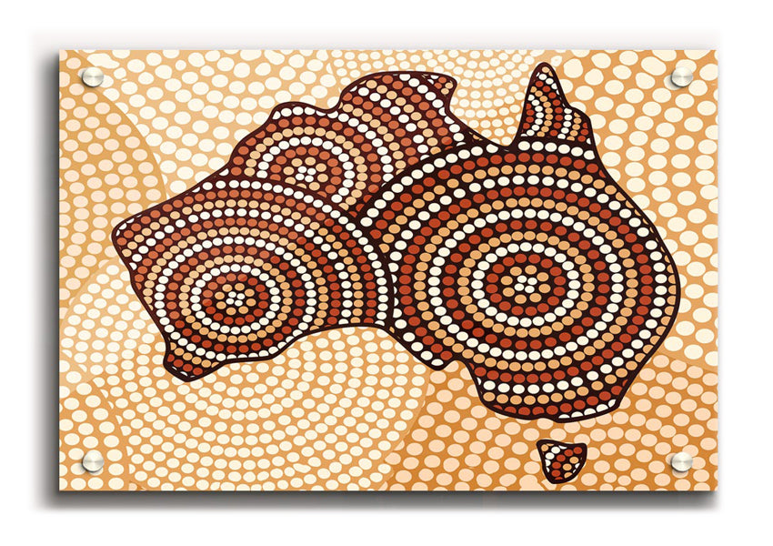 Vibrant Aboriginal Map acrylic print on 5mm thick glass, showcasing intricate designs and colors.