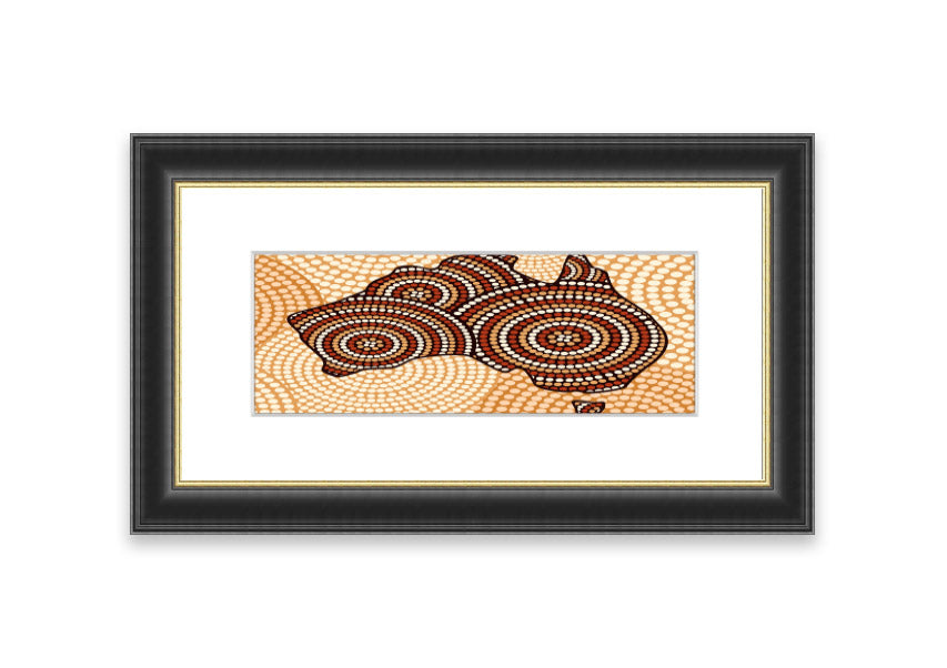 Framed Aboriginal Map Cornwall print showcasing intricate designs and vibrant colors, ready to hang.