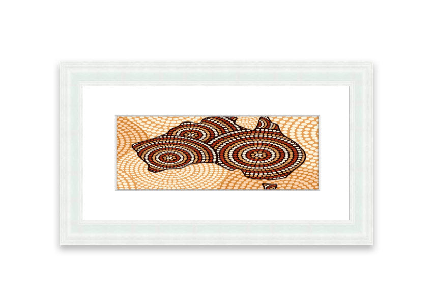 Framed Aboriginal Map Cornwall print showcasing intricate designs and vibrant colors, ready to hang.