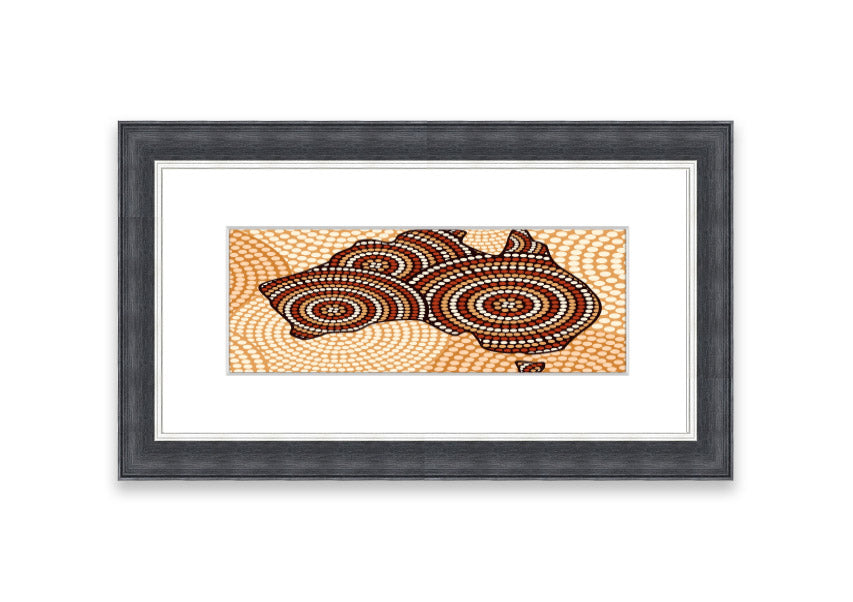 Framed Aboriginal Map Cornwall print showcasing intricate designs and vibrant colors, ready to hang.