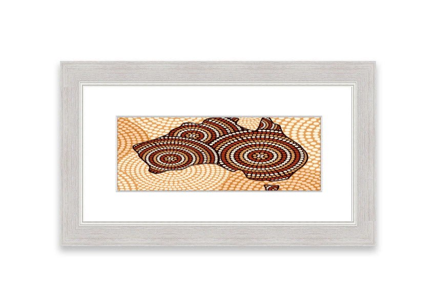 Framed Aboriginal Map Cornwall print showcasing intricate designs and vibrant colors, ready to hang.