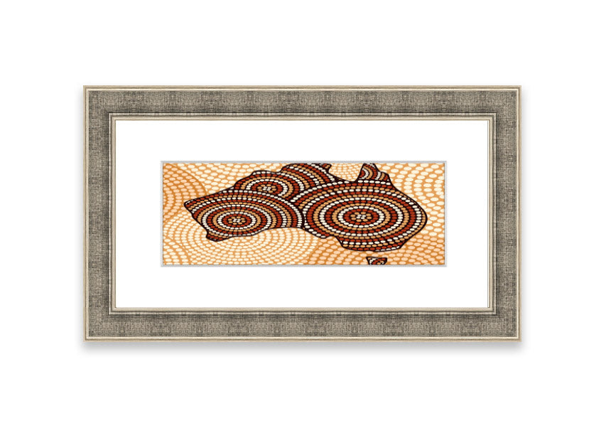 Framed Aboriginal Map Cornwall print showcasing intricate designs and vibrant colors, ready to hang.