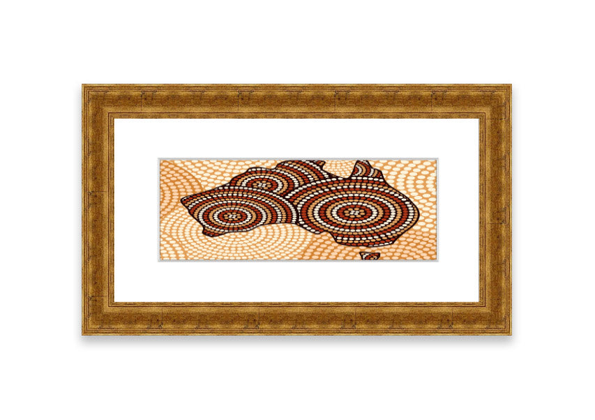 Framed Aboriginal Map Cornwall print showcasing intricate designs and vibrant colors, ready to hang.