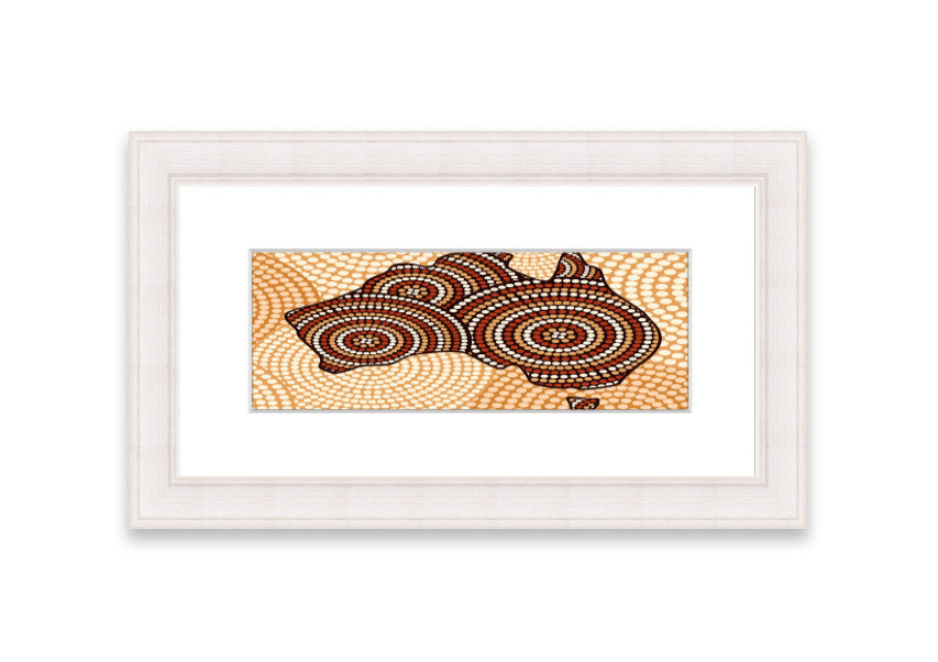 Framed Aboriginal Map Cornwall print showcasing intricate designs and vibrant colors, ready to hang.