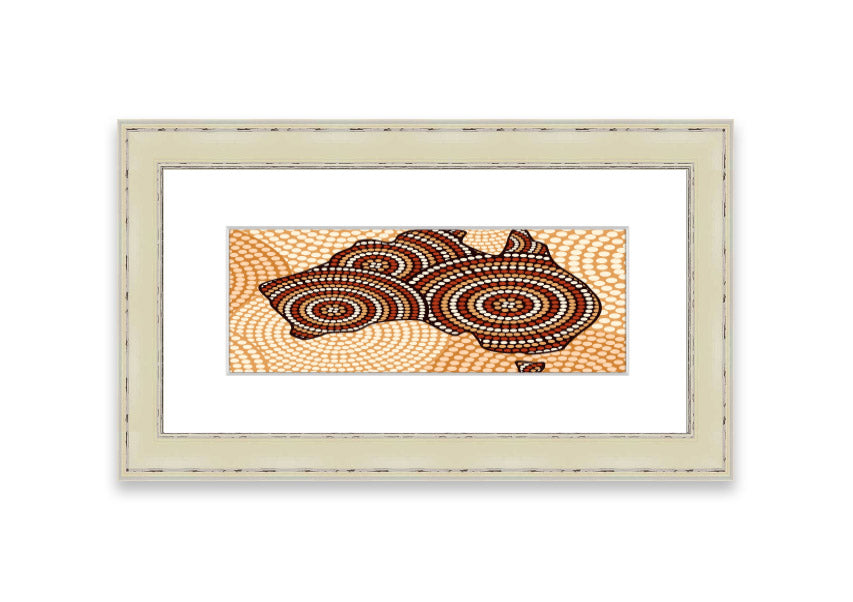 Framed Aboriginal Map Cornwall print showcasing intricate designs and vibrant colors, ready to hang.