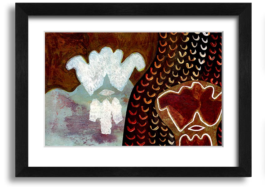 Framed Aboriginal Mirage print showcasing vibrant colors and intricate designs, ready to hang.