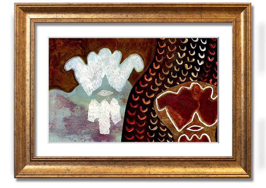 Framed Aboriginal Mirage print showcasing vibrant colors and intricate designs, ready to hang.