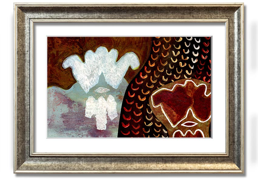 Framed Aboriginal Mirage print showcasing vibrant colors and intricate designs, ready to hang.