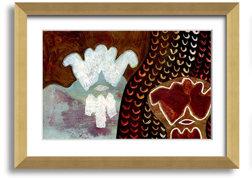 Framed Aboriginal Mirage print showcasing vibrant colors and intricate designs, ready to hang.