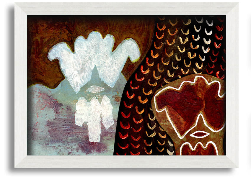 Framed Aboriginal Mirage print showcasing vibrant colors and intricate designs, ready to hang.