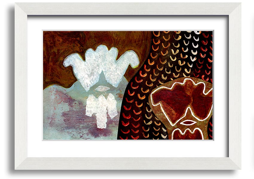 Framed Aboriginal Mirage print showcasing vibrant colors and intricate designs, ready to hang.